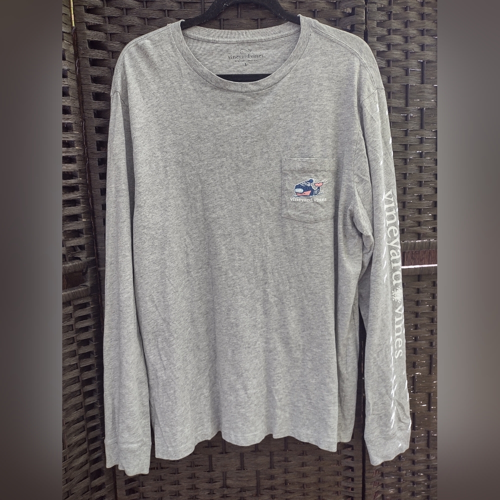 Vineyard Vines Ski Whale Crewneck Long Sleeve Tee Gray Mens L